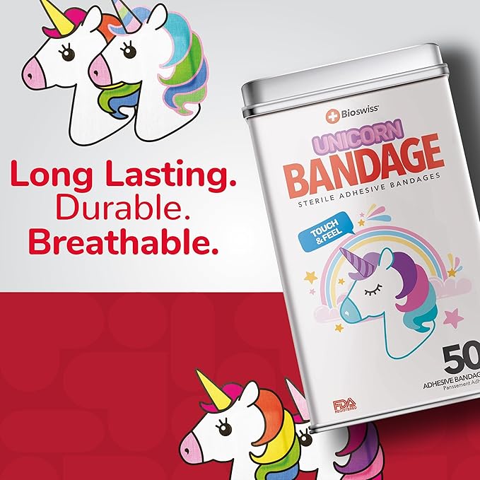 BioSwiss Kids Bandages, Unicorn Shaped Self Adhesive Bandage Set, Latex Free, Sterile Wound Care, 50 Count