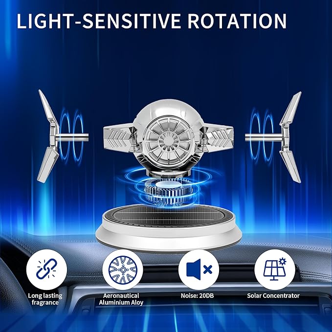 Car Air Freshener, Solar Energy Rotating Aromatherapy Al Alloy Diffuser,Long-Lasting Fragrance，Interior Decoration Accessories Diffuser for Car and Home（Silver）