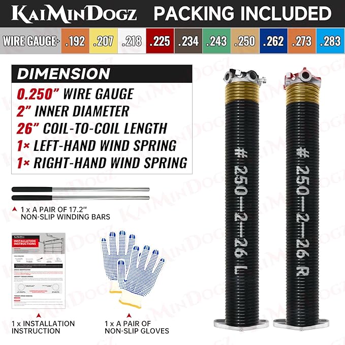 Pair of 2" Garage Door Torsion Springs Set with Non-Slip Winding Bar & Gloves,High Precision Electrophoresis Black Coated, for Replacement & Installation, MIN 16,000 Cycles (0.250x2''x26'')