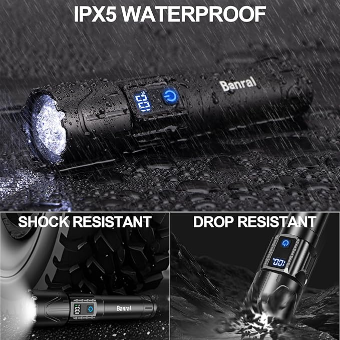 Rechargeable Tactical Flashlights High Lumens - 5000mAh Super Bright LED Powerful Flash Light, Waterproof Handheld USB C Flashlight for Home,Car,Camping,Emergency,Stocking Stuffer for Men (2, Black)