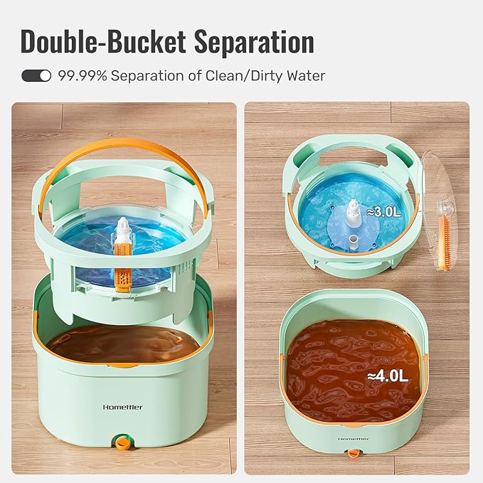 Spin Mop and Bucket Set, Detachable Inner Bucket with Separate Dirty Water System, Deep-Cleaning Mops for Floor/Wall Cleaning with Triangular Head & 4 Microfiber Pads