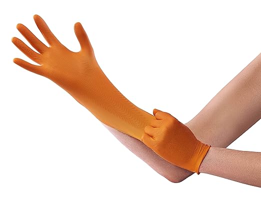 Venom Steel Orange Nitrile Gloves, 8 mil Thick, 50 Count, Maximum Grip Textured Disposable Gloves, Puncture and Rip Resistant, Hi-Visibility Orange, One Size Fits Most