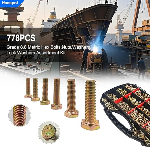 778PCS Haespot High-Strength Heavy Duty Bolt and Nut Assortment Kit, 8.8 Grade Alloy Steel Material, M6-M10 Metric Sizes, Suitable for Automotive, Motorcycle Repair, and DIY Design