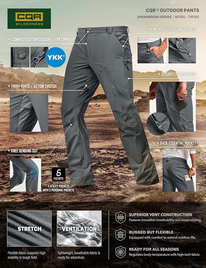 CQR Men's Vent Stretch Pants, Quick Dry Lightweight Casual Cargo Pants, Water Resistant Straight-Fit Utility Work Pants
