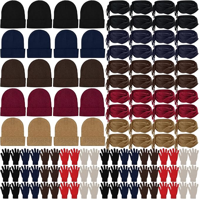 Unittype 300 Pcs Winter Beanies Gloves Scarf Set Bulk 100 Knit Skull Cap 100 Pair Winter Gloves 100 Neck Warmer for Men Women