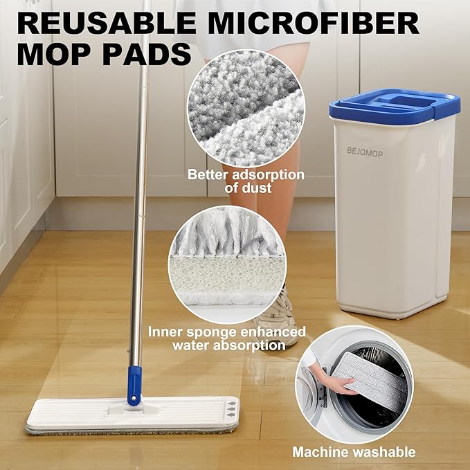 Mop and Bucket Set with Wringer, Dry & Wet Dust Mop for Household Floor Cleaning with 5 Microfiber Mops, Flat Squeeze Spin Wall Mop Cleaner with Long Handle, Slate Blue