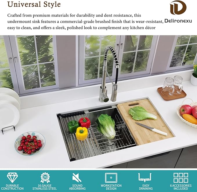 30 Inch Undermount Kitchen Sink Workstation, Delironexu 16 Gauge Stainless Steel Kitchen Sinks, 30''x18'' Single Bowl Undermount Sink with 6 Accessories, Multi-Functional Workstation Sinks
