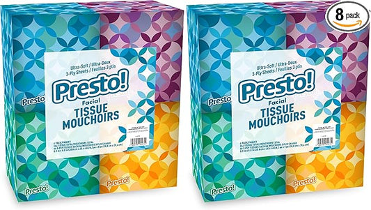 Amazon Brand - Presto! Ultra-Soft 3-Ply Premium Facial Tissues, 264 Count (8 Packs of 66), (Packaging May Vary)