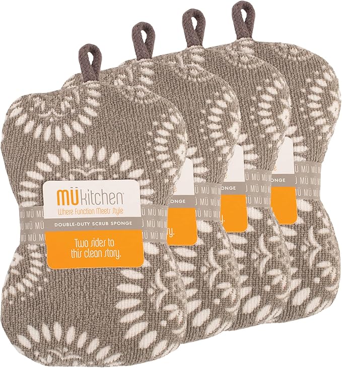 MÜkitchen Premuim Sponge for Dishes and Household Cleaning | Microfiber Print and Non-Scratch Scrub Pad | Set of 4 | (Medallion)