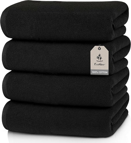 EcoNour 4 Pack Black Bath Towels (27x54 Inch, 550 GSM) | 100% Cotton Soft & Absorbent Towel Set | Quick-Dry, Lightweight, Durable Bathroom Towels for Home, Gym, Spa & Travel