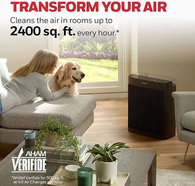 Honeywell Allergen Plus HEPA Air Purifier for Home Large Rooms up to 2400 Ft², Air Quality Monitor, Auto Mode, Reduces Allergens, Pollen, Pet Dander, Odors, Smoke, Black, HPA5300B