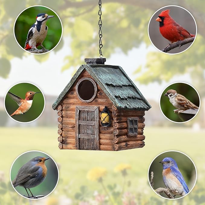 Real Wood-Look Resin Bird House – Waterproof & Durable Forest Bird Houses for Garden, Patio, Yard