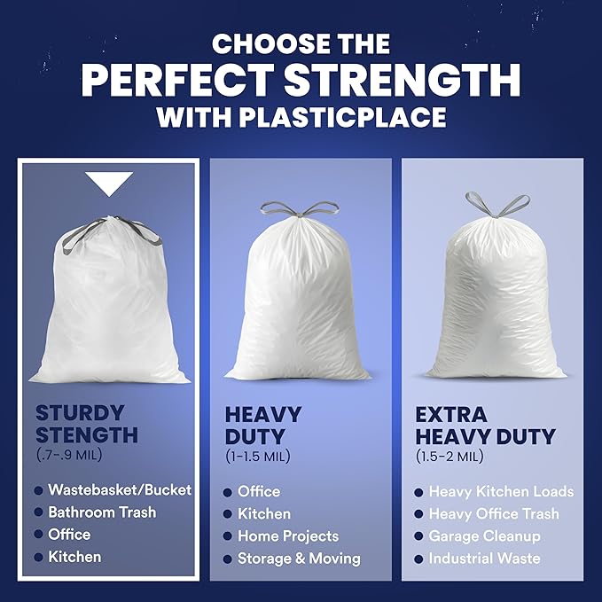 Plasticplace 8 Gallon Trash Bags: Premium White Drawstring Garbage Bag, 0.7 Mil Thickness, Durable Trash Can Liners, Garbage Bags for your Trash Can, Ring Size 22" x 22" (Pack of 100)