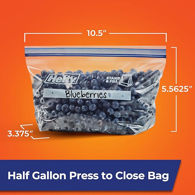 Hefty Press to Close Plastic Freezer Bags, Half Gallon Size, 20 Count
