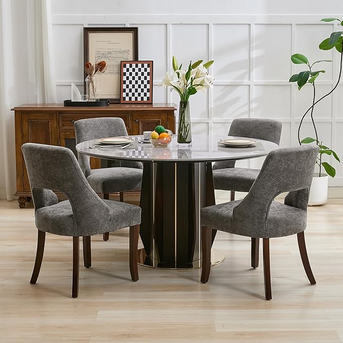 UVV Wooden Dining Chairs Set of 4, Mid Century Modern Upholstered Dining Room Chair Kitchen Chairs, Chenille Dinner Chair with Solid Wood Legs for Kitchen Dining Room, Dark Grey-Chenille