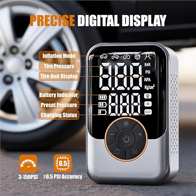 Portable Tire Inflator, Handheld with LCD Display & Auto Shut-off, Built-in Flashlight, Dual Power Modes, for Car/Bike/Motorcycle/Inflatables