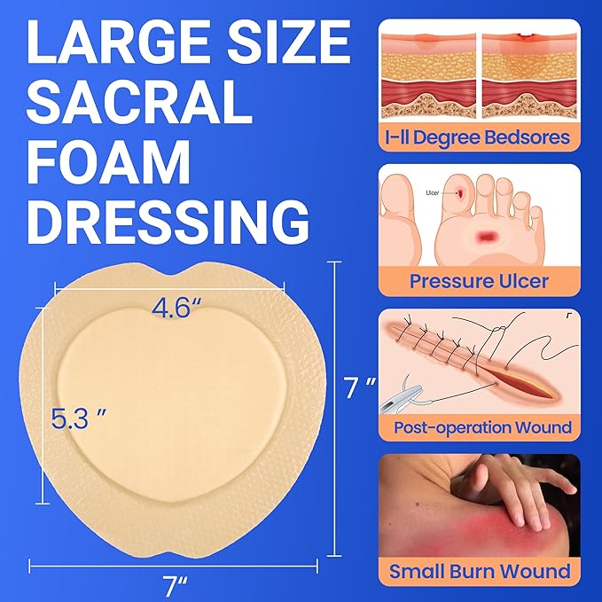 Large Waterproof Bandages Wound Care 7"x 7" Silicone Foam Dressings Sensitive Skin,10 PCS, Adhesive Bordered Pads for Bed Sore Pressure Relief Sacral Buttocks, Showering, Sterile Sacrum Care