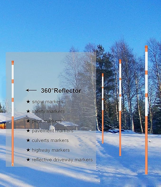 FiberMarker Snow Markers 60-Inch, 1/4-Inch Diameter Reflective Snow Poles 50pack, Orange Hollow with 3pc 7" Reflective Tapes