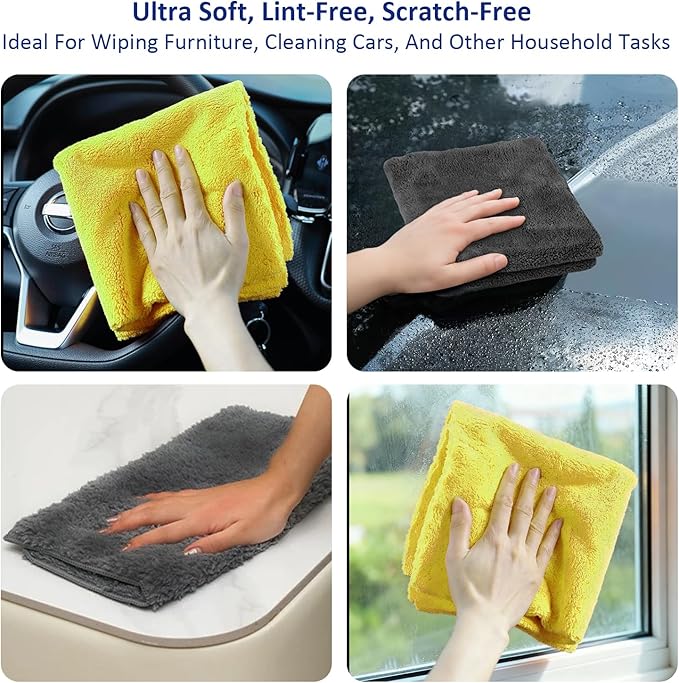 Microfiber Quick-Dry Towels (14" x 14"), Double-Sided Coral Fleece, Super Absorbent, Streak-Free, Ideal for wiping car interiors, drying vehicle surfaces, and cleaning in the home (Pack of 4)