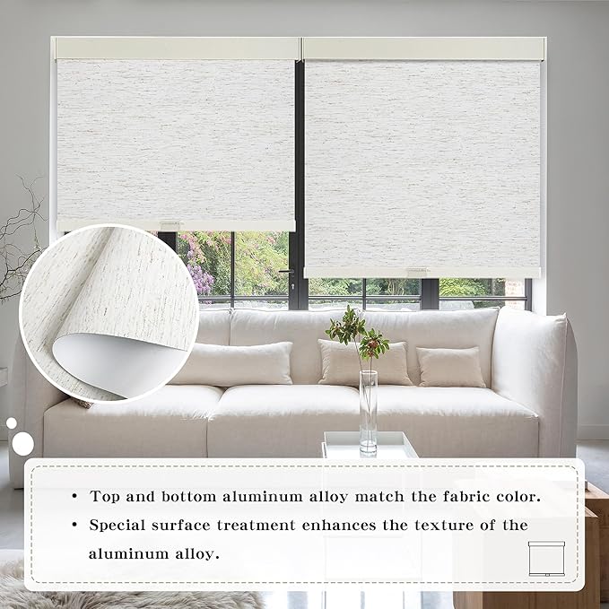 Cordless Blackout Roller Shades Blinds for Windows Free-Stop,Pull Down Room Darkening with Valance,Thermal Insulated Woven Fabric Window Door Blinds for Home,Office,Linen 37" W x 72" L