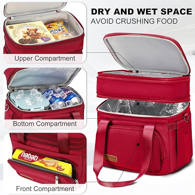 Lunch Box for Men Women - Double Deck Insulated Lunch Bag, Large Leak Proof Tote Cooler, Wide Open Dual Compartment Lunch Bags with Shoulder Strap, For Work Picnic Hiking Beach, Red