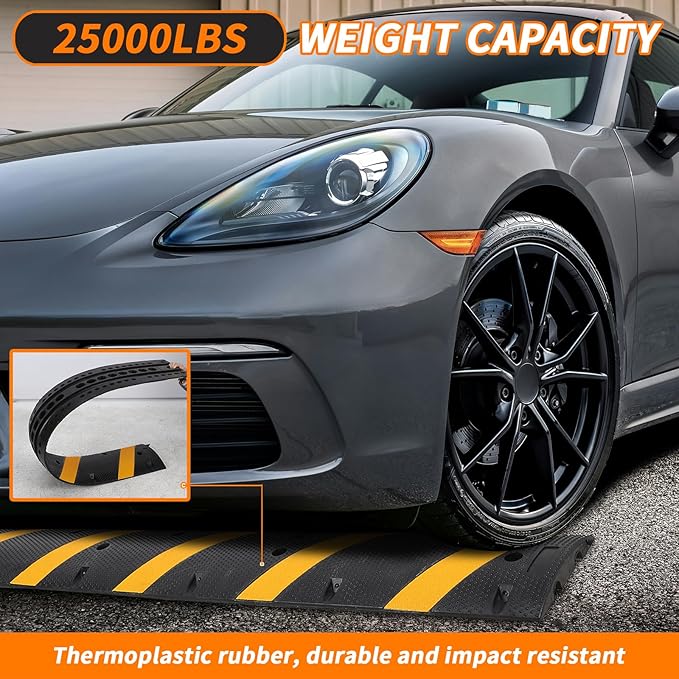 84" Rubber Speed Bumps, 1 Pack Heavy Duty Speed Bumps for Driveway Rubber Gravel Road Asphalt Parking, Modular Driveway Speed Bumps Cable Protector Ramp with 6 Bolts Spikes, 2 End Caps