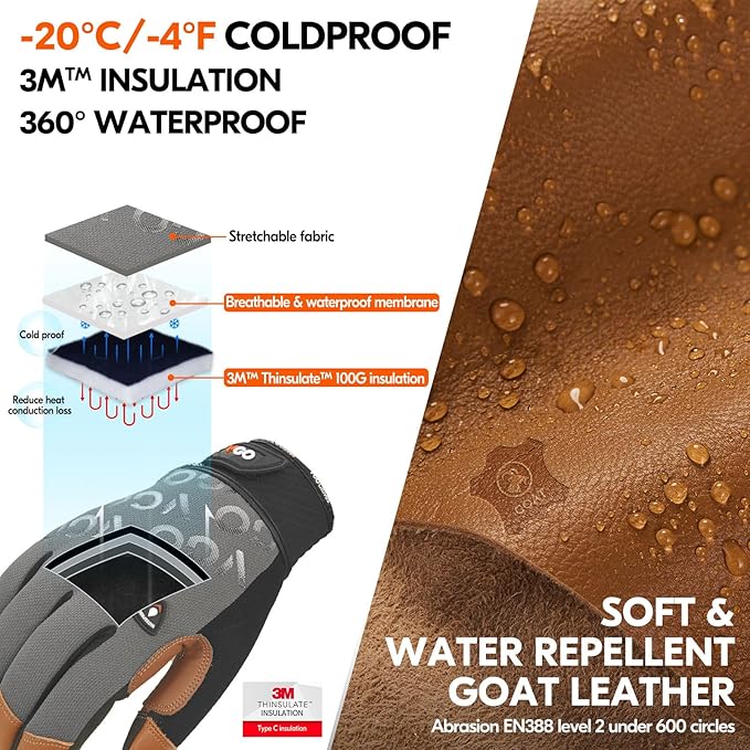 Vgo... 1 Pair Cold Weather Work Gloves Men, Goat Leather Gardening Gloves,Light Duty Mechanic Gloves(Gray,Size M,GA9604F)