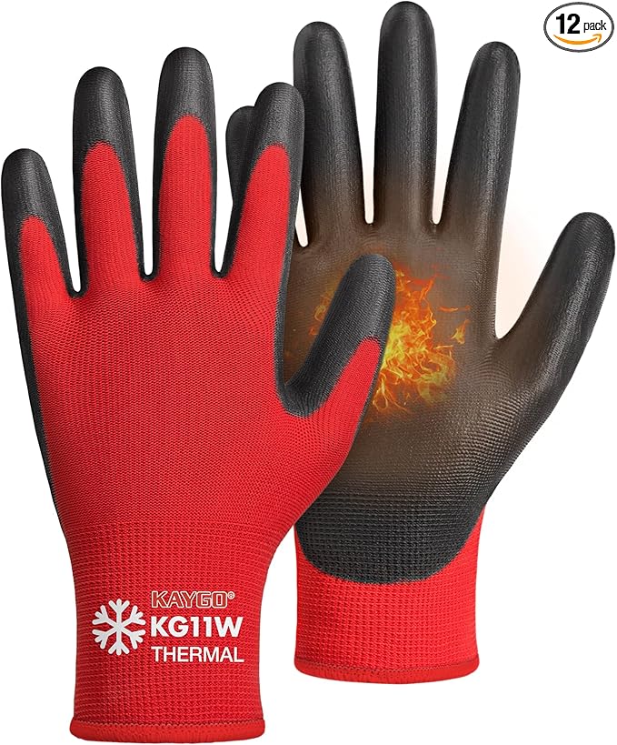 KAYGO Winter Work Gloves for Men and Women, 12 Pairs Thermal Insulated Safety Work Gloves PU Coated, Smooth Grip on Palm & Fingers,Ideal for Freezer Work,Red,M