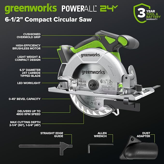 Greenworks 24V Cordless Brushless 400 in-lbs Drill/Driver + 6.5" Circular Saw, 4,800 RPM, Cutting Depth 45°/90° (2) 2.0Ah USB-C Batteries(12,000mAh Power Bank) and 65W USB-C Fast Charger(3-Port)