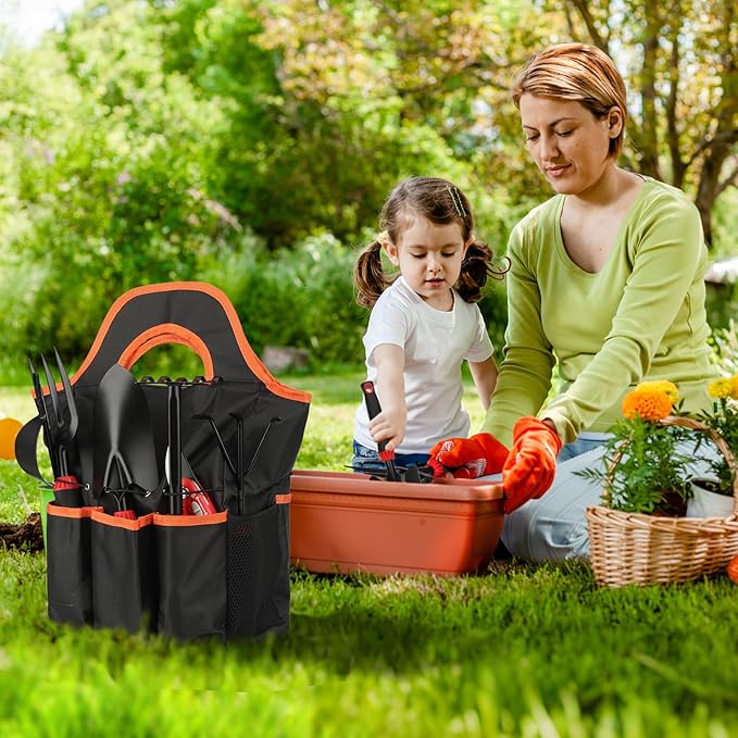10 Pack Garden Tool Set - Carbon Steel Heavy Duty Gardening Set with Non-Slip Handles & Carry Bag Garden Hand Tools Gift for Women and Men