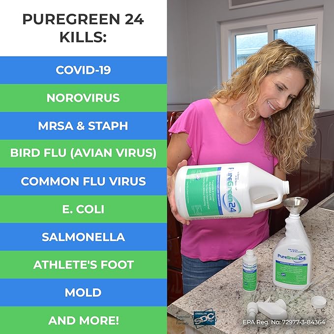 PureGreen24 Institutional pack Safe & Effective Disinfectant. Kills Deadly Germs including RSV Norovirus MRSA Staph 2025 Flu Contains No Toxic Chemicals. 2 gallons (6) 32oz sprays 10 Microfiber