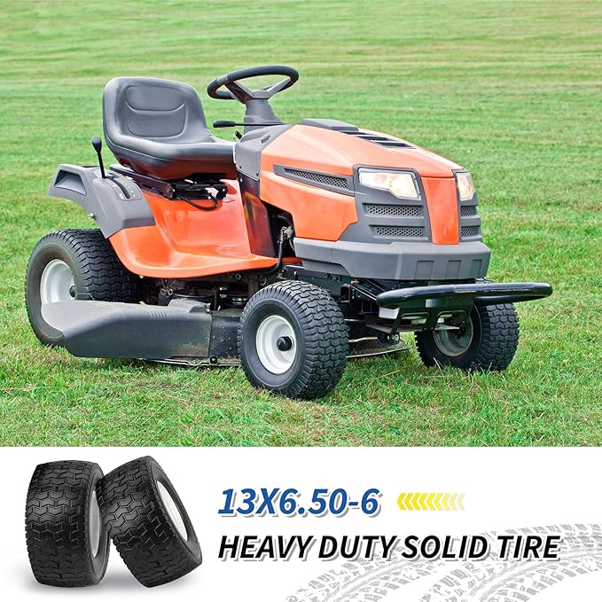 13x6.50-6 Tire and Wheel, 13x6.5-6" Flat-free Lawn Mower Tires, 3”-6.5“ Centered Hub, 3/4" or 5/8" Bearing, Universal Fit Garden Tractor Front Wheels, 4 Ply, V-Turf Pattern, 2 Pack
