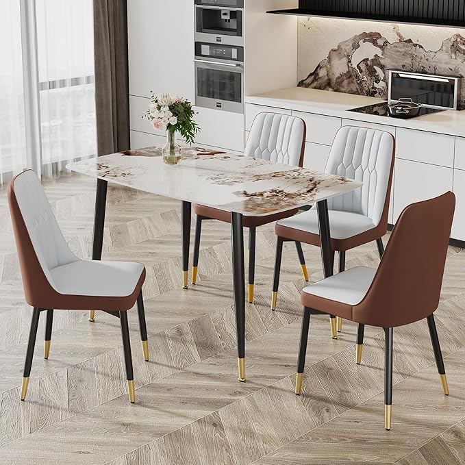 Modern Sintered Stone Dining Table Set - 50" Rectangular Faux Marble Kitchen Table with 4 PU Leather Chairs (1 Faux Marble Table + 4 Gray and Brown Chairs)