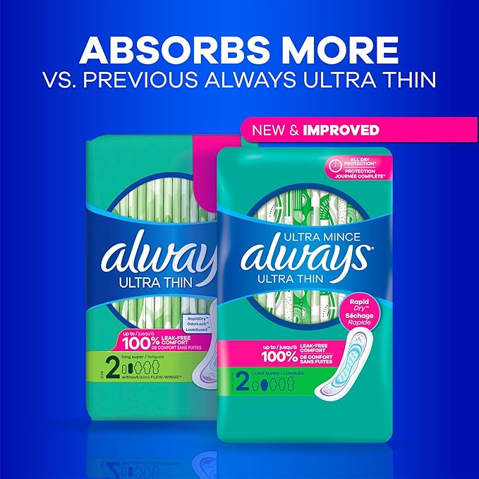 Always Ultra Thin Feminine Pads without Wings for Women, Size 2, Long Super Absorbency, Unscented, 40 Count x 3 Pack (120 Count total) (Packaging May Vary)