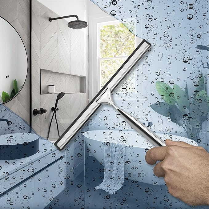 DSV Standard All-Purpose Shower Squeegee for Shower Doors, Bathroom, and Car Windshield - Stainless Steel Window Cleaner Tool with Adhesive Hook - 10 inch, Silver