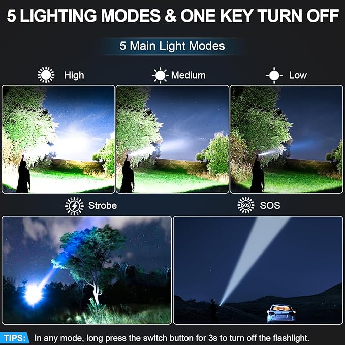 Rechargeable Tactical Flashlights High Lumens - 5000mAh Super Bright LED Powerful Flash Light, Waterproof Handheld USB C Flashlight for Home,Car,Camping,Emergencies,5 Modes,Zoomable (1, Orange)
