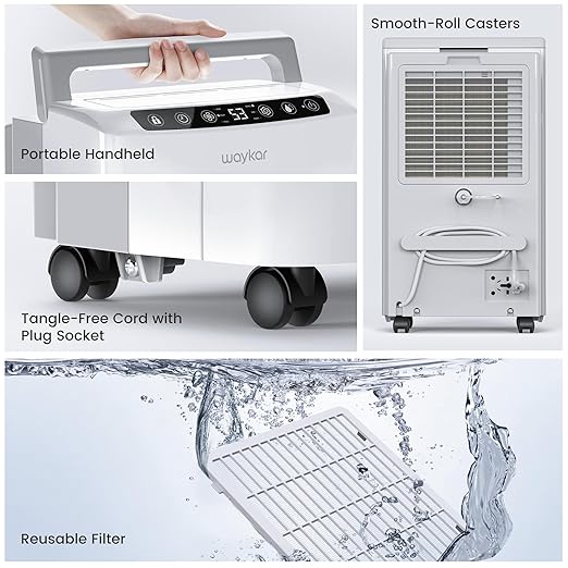 Waykar 34 Pints 2025 Most Efficient Energy Star Dehumidifier for up to 2200 Sq. Ft. for Home and Basement with Auto or Manual Drainage, Quiet 33dB Operation, 0.6 Gal Tank