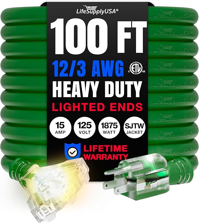 100ft Outdoor/Indoor Extension Cord 3-Outlet 12/3 Gauge Extra Heavy Duty ETL Listed, 3 Prong SJTW, Waterproof, Flexible Cold-Resistant Long Power Cord,15A 125V 1875W, Green by LifeSupplyUSA