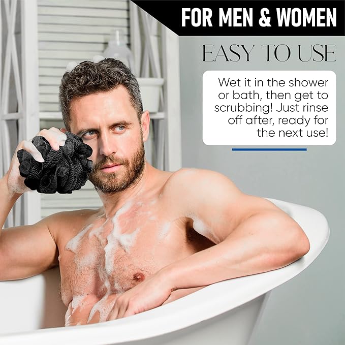 T.Taio Esponjabon Shower Bath Puff Soap Sponge- Loofah Luffa Loufa Body Wash Ball - Mesh Pouf Scrubber for Full Cleanse Lather Skin Care - Essential Beauty Bathroom Accessories - Charcoal Scent