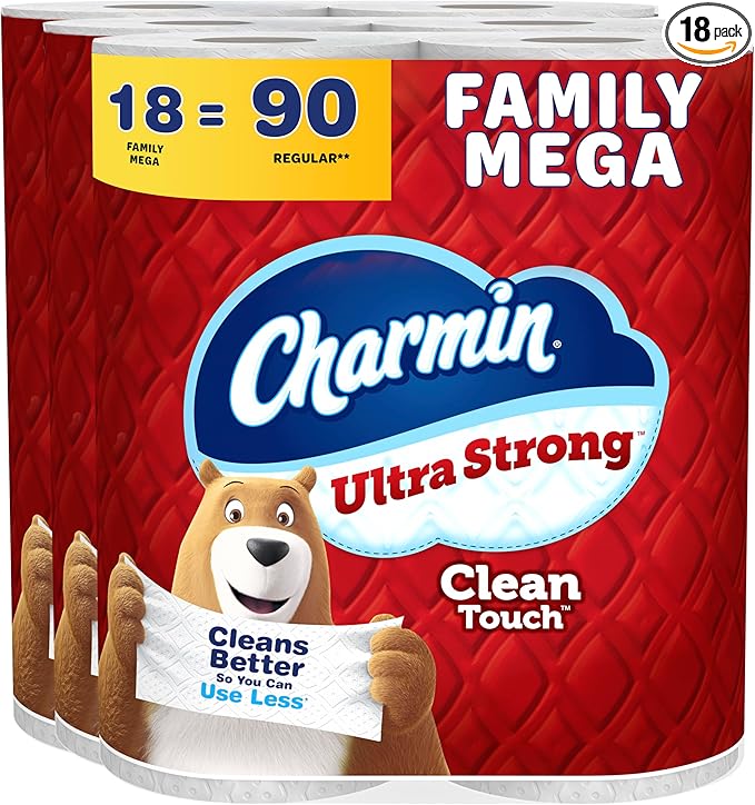 Charmin Ultra Strong Clean Touch Toilet Paper, 18 Family Mega Rolls = 90 Regular Rolls (Packaging May Vary)