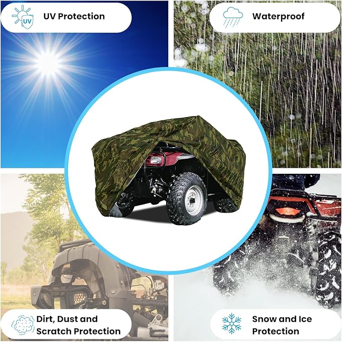EliteShield Lightweight ATV Cover, Weatherproof Quad Cover, Water and Wind Resistant Four Wheeler Cover for Polaris Kawasaki Yamaha Suzuki Honda Arctic Cat Can-Am, Camo Color fits up to 86" Long