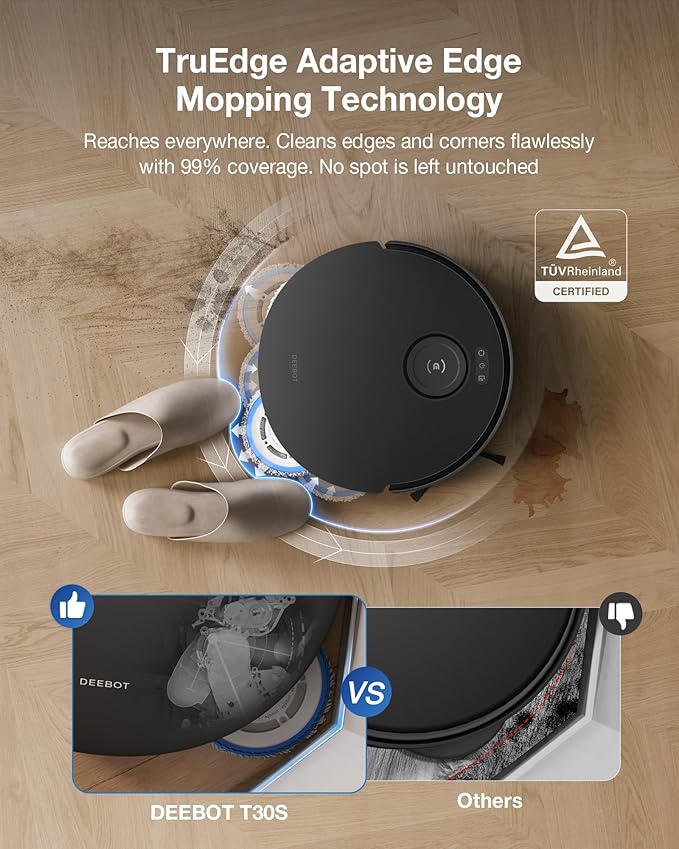 ECOVACS DEEBOT T30S Combo Complete Robot Vacuum and Mop, 11000Pa, ZeroTangle Technology, TruEdge Adaptive Edge Mopping, Hot Water Mop Washing, Self-Emptying, Self Refilling, Auto-Mop Lifting