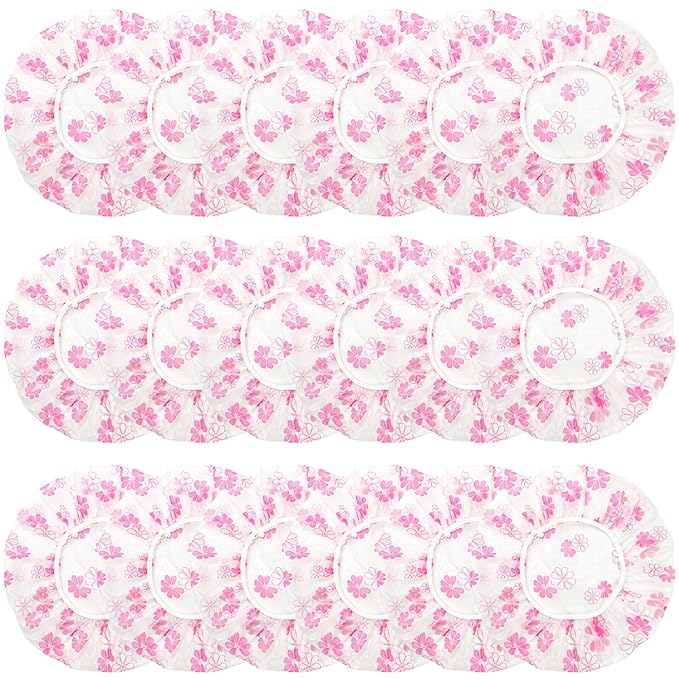18Pcs Plastic Shower Caps for Women Waterproof Bath Caps Bathing Hair Cap Reusable Shower Caps for Shower,Spa,Salon,Housework,Girls,Home,Travel (Red-Flower)