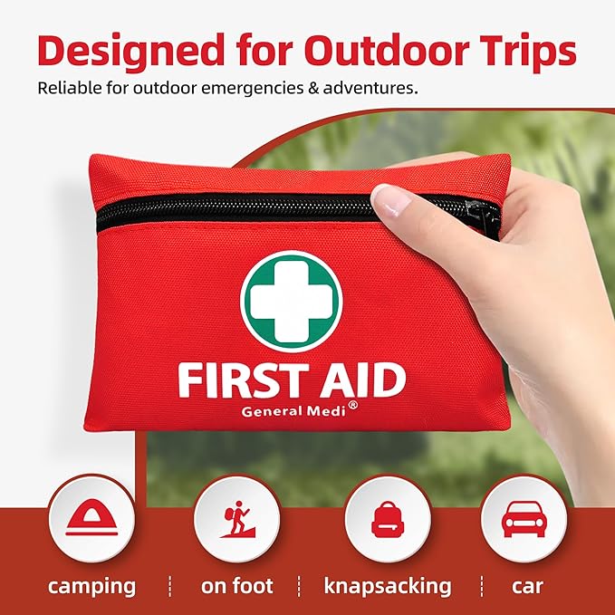 General Medi Mini First Aid Kit, 110 Piece Small First Aid Kit - Includes Emergency Foil Blanket, Scissors for Travel, Home, Office, Vehicle, Camping, Workplace & Outdoor (Red) (Pack of 2)