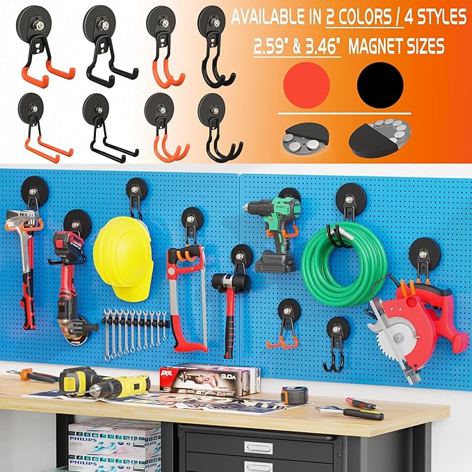 ULIBERMAGNET New Updated Garage Strong Magnetic Hooks, 2 Pack Heavy Duty Large J Hooks with Magnet, Anti-Slip Coating Magnet Hooks for Garden Tools, Ropes,Drill