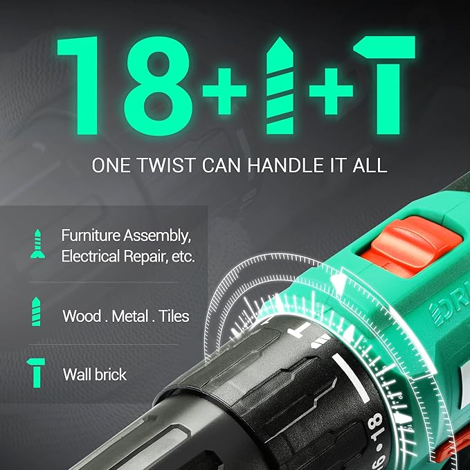 DCA 20V Cordless Hammer Drill Set, 354 In-lbs Torque, 1/2" Keyless Chuck, 22500 IPM, 2 Variable Speeds, 18+1+1 Position, Power Impact drill with 14 Drill/Driver Bits for Brick, Metal, Wood ADJZ2035i13