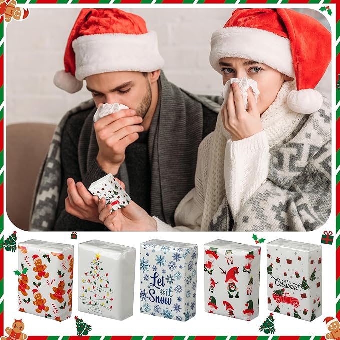 Ctosree 50 Pack Christmas Pocket Tissues Merry Xmas Travel Packs Bulk 500 Sheet Snow Flake Small Individual Tissues Pocket Packs 3 Ply Mini Travel Size for School Camping