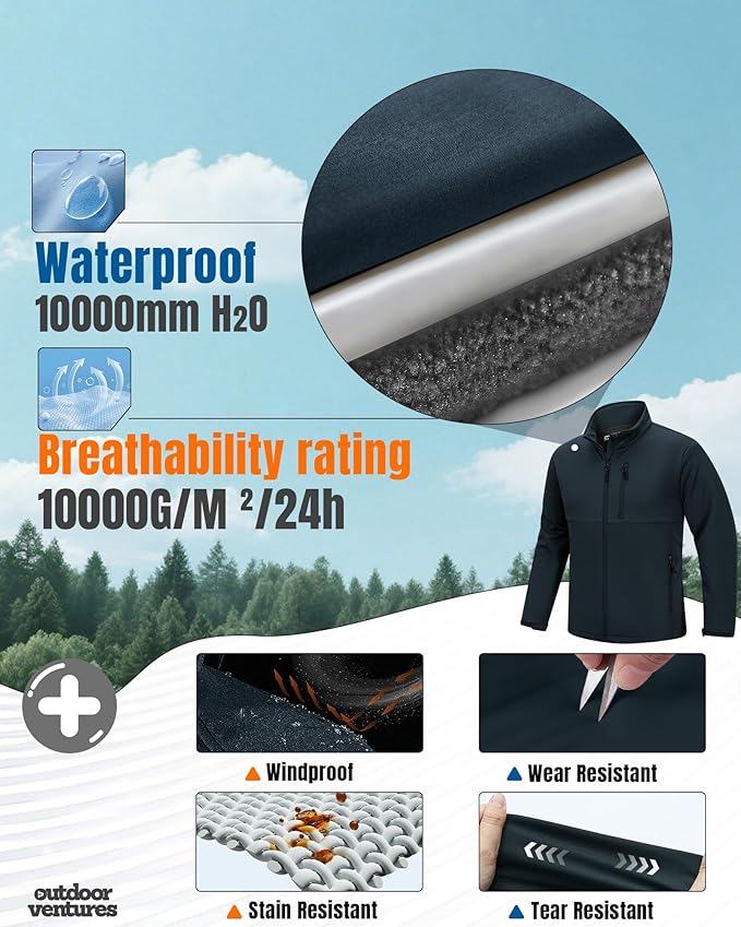 Outdoor Ventures Men's Softshell Jacket Waterproof Fleece Lined Rain Shell Jacket Lightweight Windbreaker for Hiking Travel