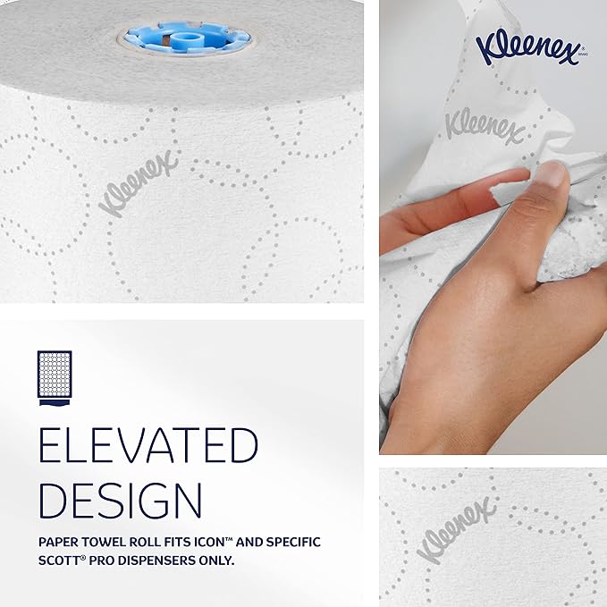 Kleenex Professional Hard Roll Paper Towels, Bulk (54471), Hardwound, Elevated Design, Premium Absorbency Pockets, White, for ScottBrand Blue Core Dispensers (6 Rolls at 500' Each, 3,000'/Case)