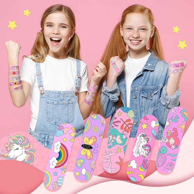 Patelai 300 Pieces Kids Bandages Bulk 10 Styles Children's Adhesive Flexible Colorful Cute Cartoon Bandages Waterproof Breathable Stickers Protection Care Cuts for Girls Boys(Unicorn)
